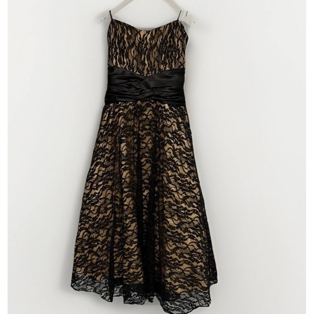 Ally's Black Floral Lace Gold Satin Formal Prom Dress Bow Sweetheart Gown Sz XS
